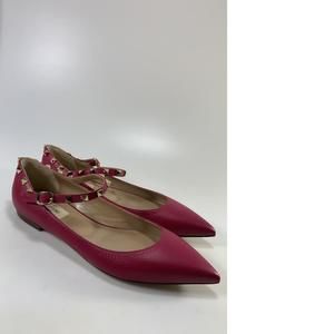 Dark Pink Pebbled Leather Gold Rockstud Strap Ballerina Flats D431